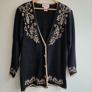 VTG Jaclyn Smith Cardigan Medium Holiday NYE Embroidery Bead Black Statement